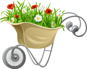 Floral Wheelbarrowand Earbuds Illustration PNG image
