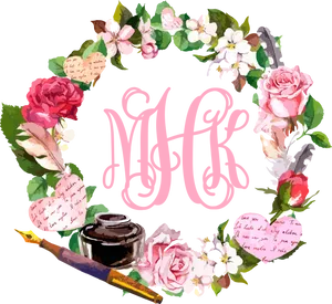 Floral_ Wreath_with_ Monogram_and_ Inkwell PNG image