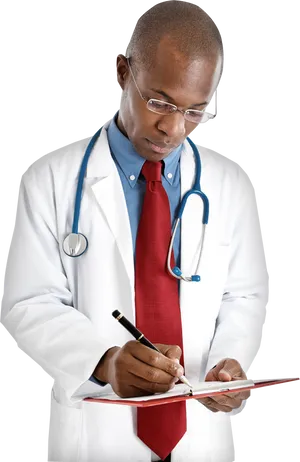 Focused Doctor Writingon Clipboard