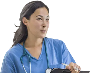 Focused Female Doctorwith Clipboard PNG image