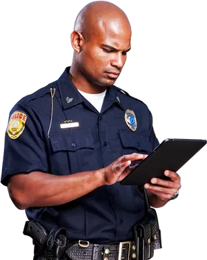 Focused Police Officer Using Tablet PNG