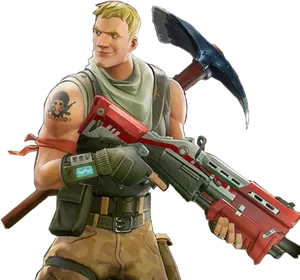 Fortnite Character With Pickaxe And Rifle PNG image