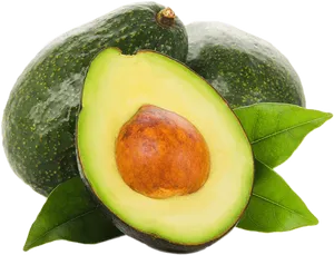 Fresh Avocado Halfand Wholewith Leaves PNG image