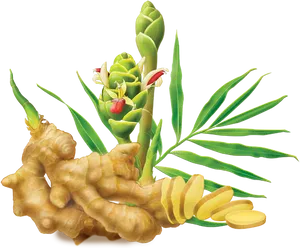 Fresh Ginger Rootand Plant Illustration PNG image