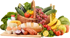 Fresh Grocery Selection Basket Fruits Vegetables Bread PNG image
