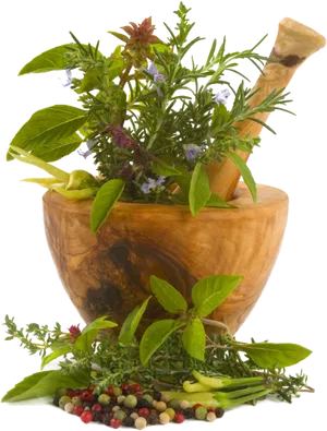 Fresh Herbsand Mortar Pestle PNG
