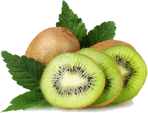 Fresh Kiwi Fruitand Sliceswith Leaves PNG image