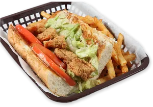 Fried Fish Po Boy Sandwich With Fries PNG image