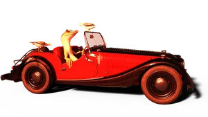 Frog Driving Red Vintage Car