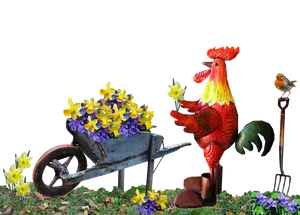 Gardening Roosterwith Flowersand Bird PNG image