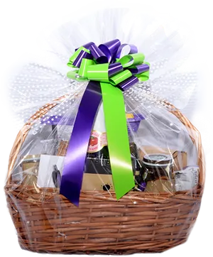 Gift Basketwith Purple Green Ribbon PNG