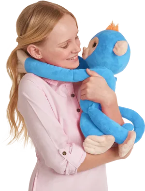 Girl Hugging Blue Plush Monkey PNG