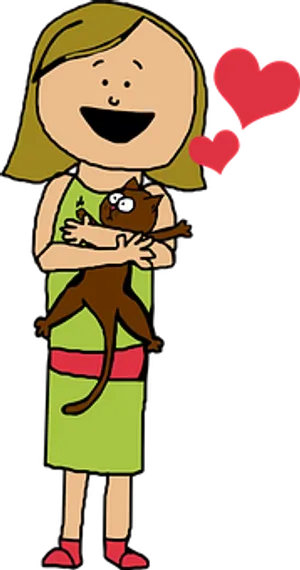 Girl Loving Her Cat Cartoon
