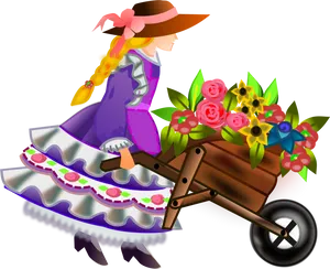 Girl Pushing Flower Wheelbarrow Illustration PNG image