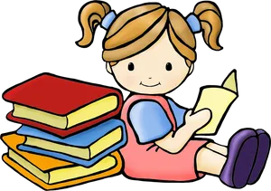 Girl Reading Books Cartoon PNG image
