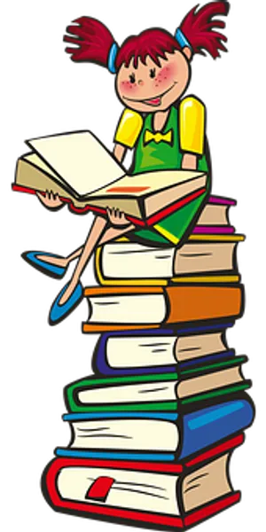 Girl Readingon Book Pile