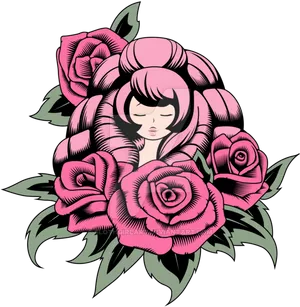 Girl Surrounded By Roses Art PNG