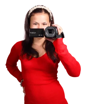 Girlin Red Holding Camera PNG image