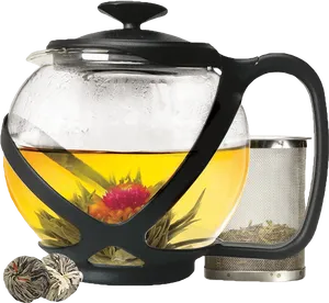 Glass Teapotwith Infuserand Flowering Tea PNG image