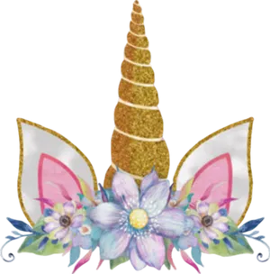 Glittery Unicorn Hornand Earswith Flowers PNG image