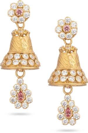 Gold Diamond Bell Drop Earrings PNG