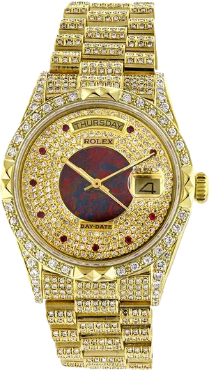Gold Diamond Encrusted Rolex Watch PNG image