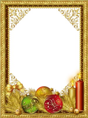 Golden Christmas Framewith Ornamentsand Candle PNG image