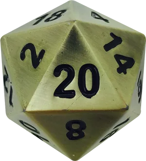 Golden D20 Dice Closeup PNG image