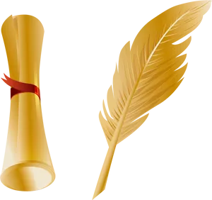 Golden Feather Penand Scroll Vector PNG image