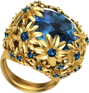 Golden Floral Sapphire Ring3 D Render PNG image