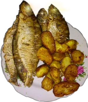 Golden Fried Fish With Roasted Potatoes PNG image