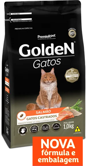 Golden Gatos Cat Food Package Salmon Flavor PNG image