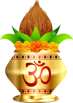 Golden Hindu Kalash With Coconutand Marigold Flowers PNG image