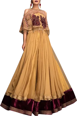 Golden Lehengawith Embroidered Blouse PNG image