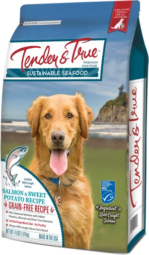 Golden Retriever With Tenderand True Dog Food Package PNG