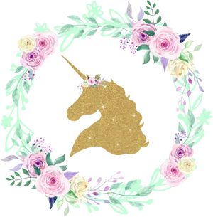 Golden Unicorn Silhouette Floral Wreath PNG image