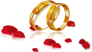 Golden Wedding Rings With Red Rose Petals Clipart PNG