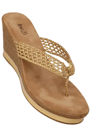 Golden Woven Wedge Chappal PNG image