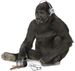 Gorilla Listening Music Headphones PNG image
