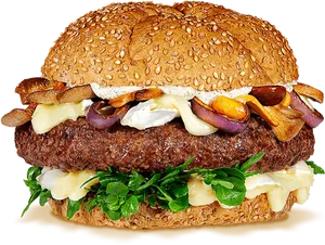 Gourmet Cheeseburgerwith Mushroomsand Onions PNG image