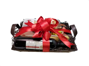 Gourmet Gift Basketwith Red Ribbon PNG image