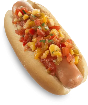 Gourmet Hot Dogwith Salsa Topping PNG image
