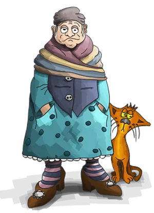 Grandmaand Cat Cartoon Illustration PNG