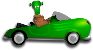 Green Alien Driving Convertible Cartoon PNG
