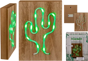 Green Cactus Neon Light Wooden Box PNG image