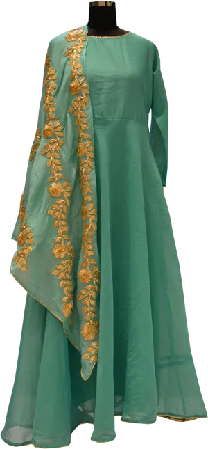 Green Embroidered Kurtiwith Dupatta PNG image