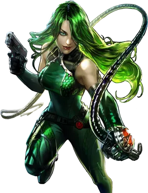 Green Haired Female Character With Gun And Tentacles PNG image