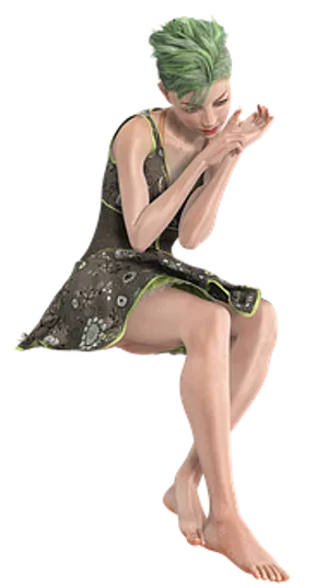 Green Haired Woman Sitting Cross Legged