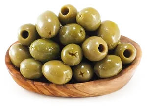 Green Olivesin Wooden Bowl PNG image