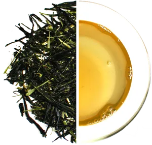 Green Tea Leavesand Brewed Tea PNG image